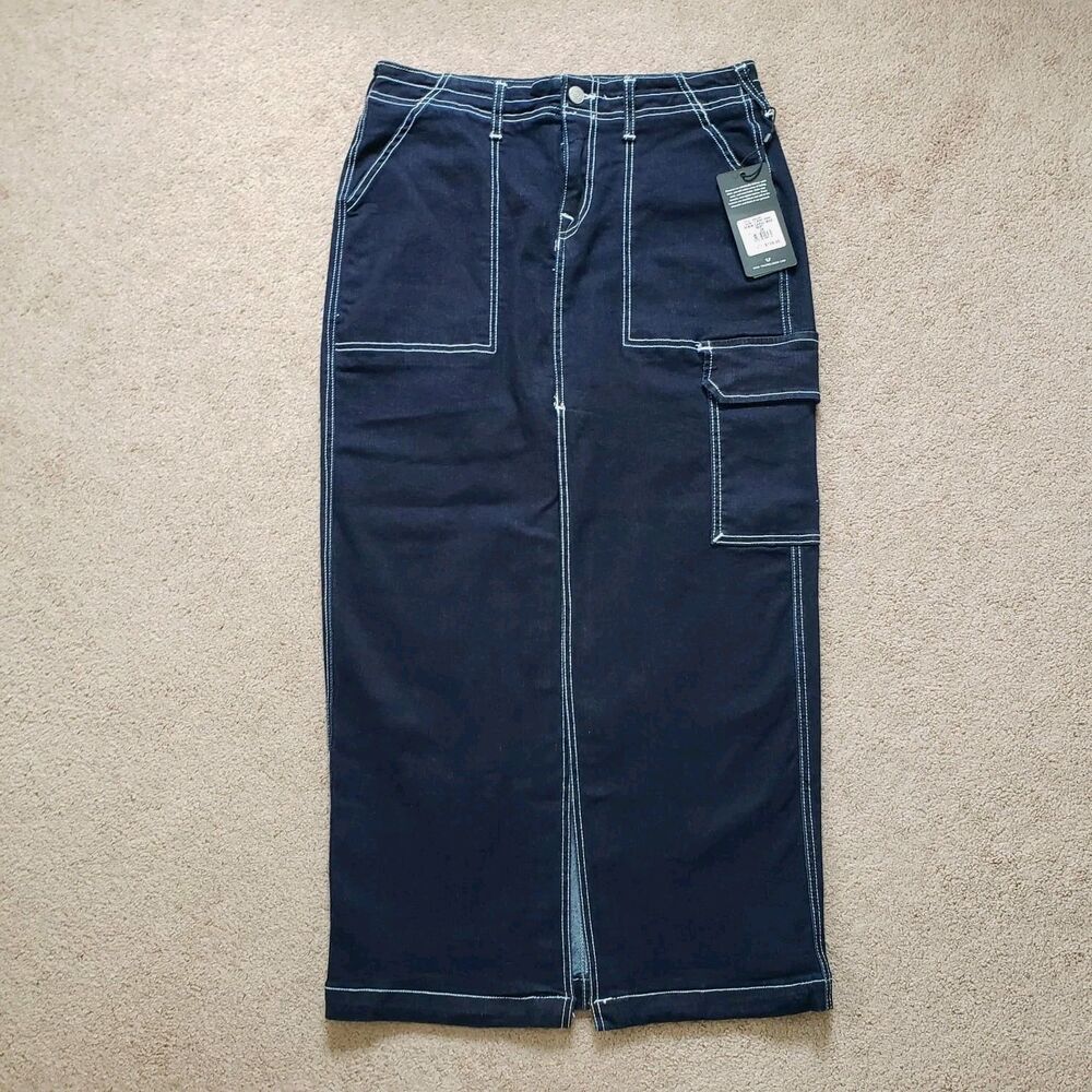 True Religion Denim Cargo Maxi Skirt 28 Stretch Pockets Front Slit Dark Wash NWT